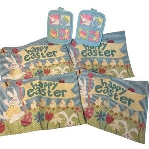 Easter Decor 4 Blue Linen Pastel Easter Placemats 2 Oven Mitts READ‎ MINOR FLAWS
